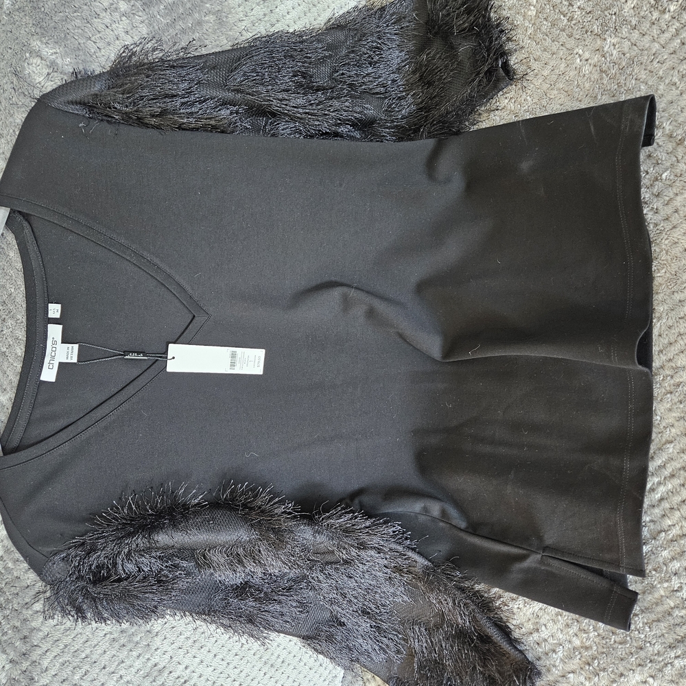 Chico's Black V-Neck Top with Feathered Sleeves